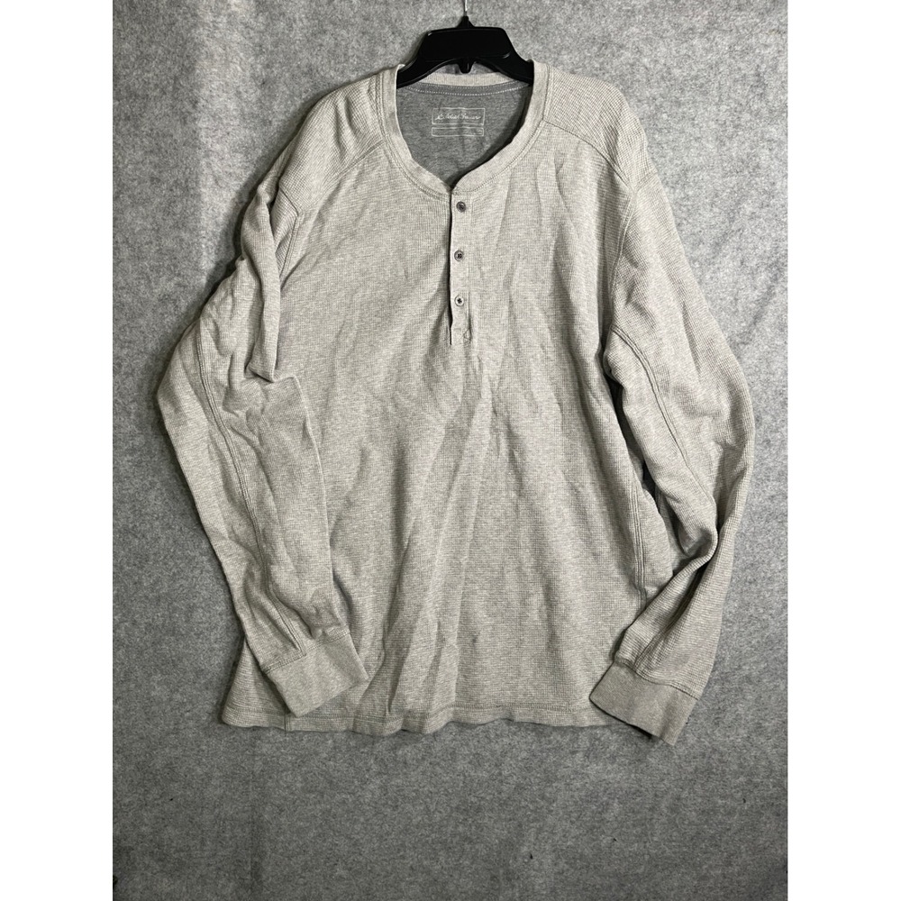 Eddie Bauer Mens XL Tall Gray Waffle Knit Thermal Henley Long Sleeve Shirt